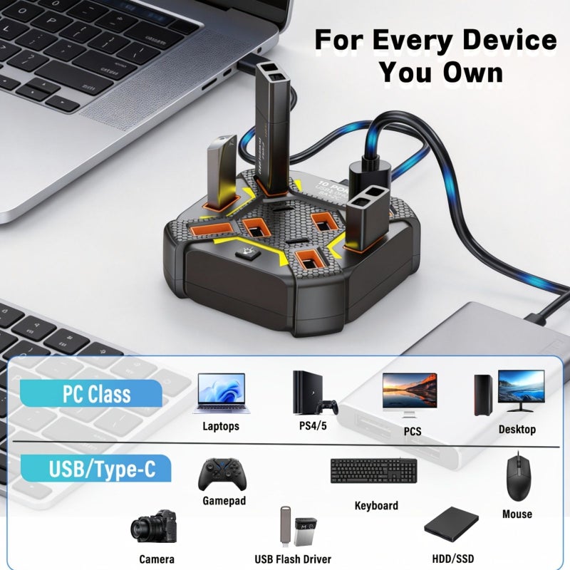White 10 Port USB 2.0 Splitter Hub With Individual Switches And RGB Lighting - Image 3