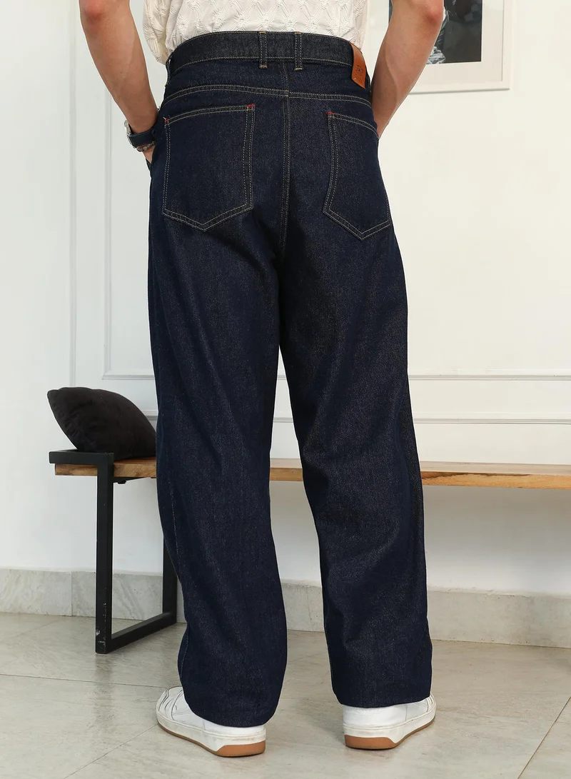 CAHOOT  Men's Navy Blue Dark-Wash Pleated Denim Jeans | Relaxed Fit Mid Rise Solid Pattern | Premium 100% Cotton Woven Fabric & Indigo Wash | Casual & Streetwear Style for Men | Best Price UAE
