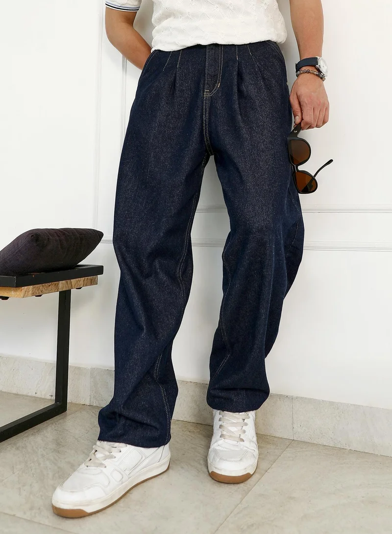 Men's Navy Blue Dark-Wash Pleated Denim Jeans | Relaxed Fit Mid Rise Solid Pattern | Premium 100% Cotton Woven Fabric & Indigo Wash | Casual & Streetwear Style