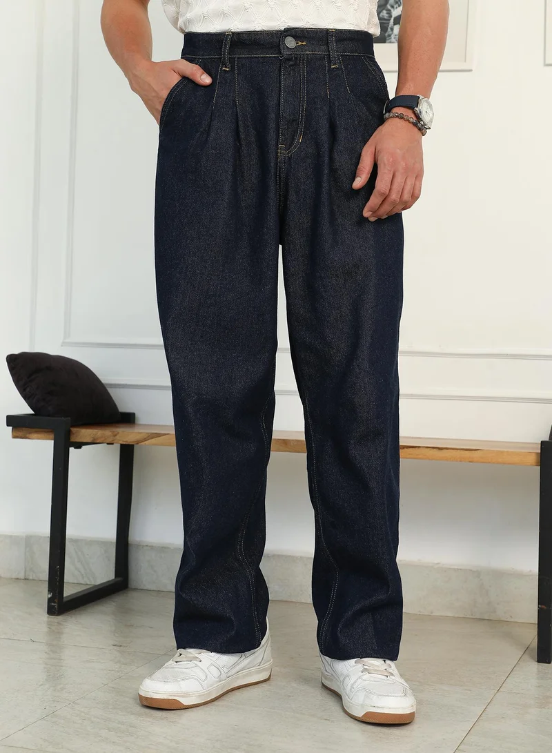 Campus Sutra Men's Navy Blue Dark-Wash Pleated Denim Jeans | Relaxed Fit Mid Rise Solid Pattern | Premium 100% Cotton Woven Fabric & Indigo Wash | Casual & Streetwear Style