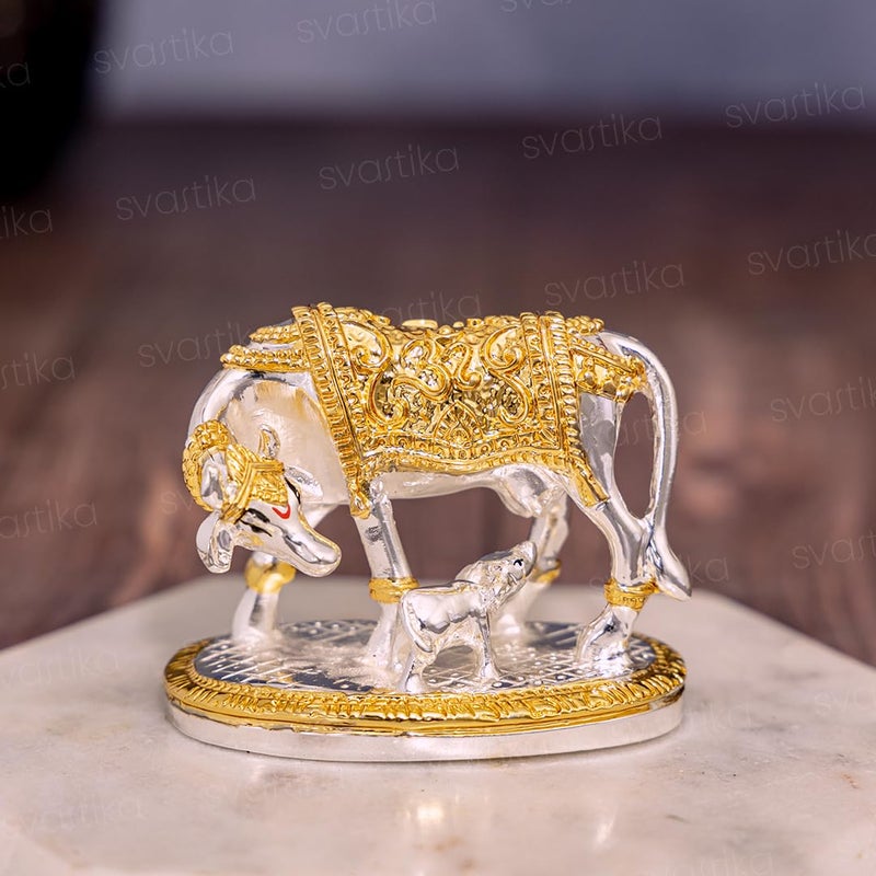 Svastika Vastu Kamdhenu Cow with Calf Idol 24K Gold 999 Silver Plated Excellent Vastu Correction Remedy for Financial Problems Wedding Housewarming Gift - Image 2