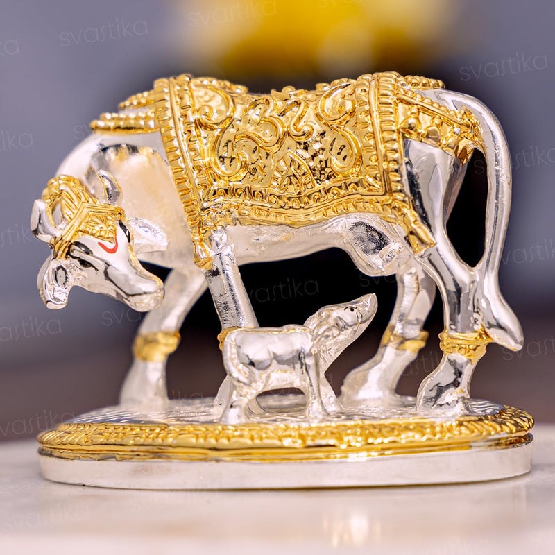 Svastika Vastu Kamdhenu Cow with Calf Idol 24K Gold 999 Silver Plated Excellent Vastu Correction Remedy for Financial Problems Wedding Housewarming Gift - Image 1