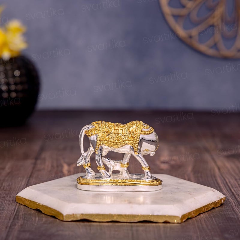 Svastika Vastu Kamdhenu Cow with Calf Idol 24K Gold 999 Silver Plated Excellent Vastu Correction Remedy for Financial Problems Wedding Housewarming Gift - Image 4