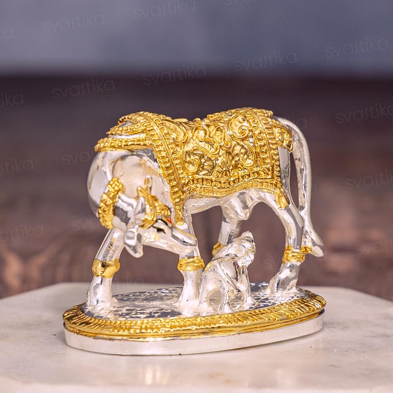 Svastika Vastu Kamdhenu Cow with Calf Idol 24K Gold 999 Silver Plated Excellent Vastu Correction Remedy for Financial Problems Wedding Housewarming Gift - Image 3