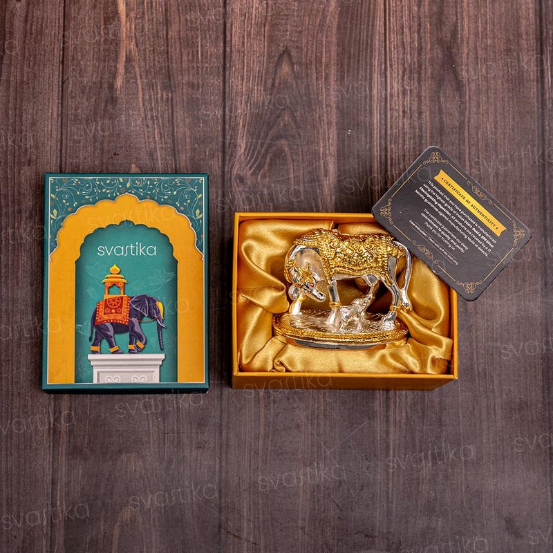 Svastika Vastu Kamdhenu Cow with Calf Idol 24K Gold 999 Silver Plated Excellent Vastu Correction Remedy for Financial Problems Wedding Housewarming Gift - Image 5