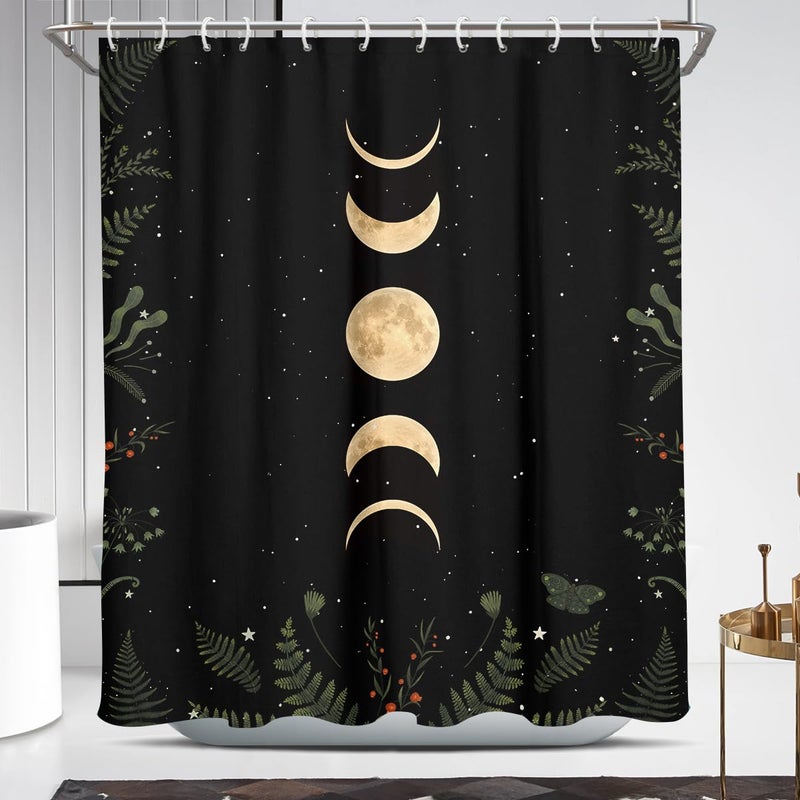 Coxila Moon Shower Curtain Gothic Goth Celestial Witchy Spooky Dark Black Galaxy Star Space Whimsigoth Whimsical Hippie Trippy Cool Cute Moody Fun Bathroom 60 x 72 Inch Polyester Fabric 12 Pack Hooks - Image 1