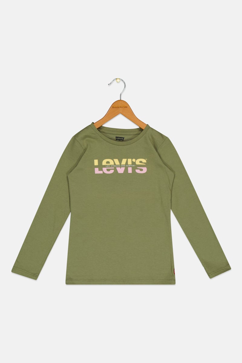 Levi's تي شيرت بنات بأكمام طويلة وياقة دائرية بشعار العلامة التجارية، زيتوني - Image 2