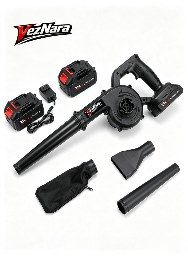 VezNara 21V Cordless Air Blower & Vacuum, 250W Brushless Motor, 18000 RPM, 14m/s Powerful Airflow, 2 Batteries with Dust Bag & Nozzles - Image 1