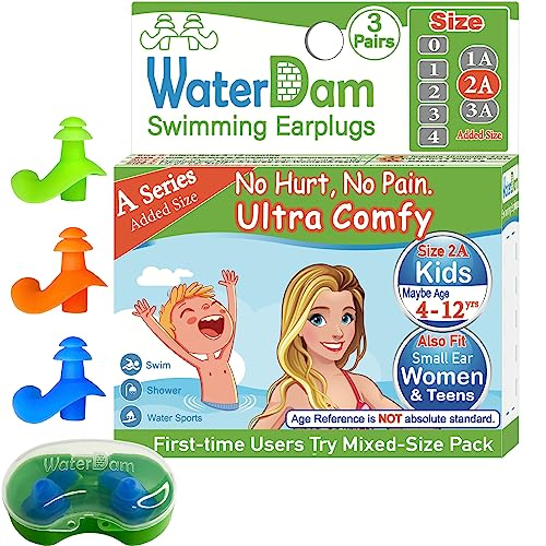 WaterDam A-Series Swimming Ear Plugs Ultra Comfy Great Waterproof Earplugs (Size 2A, Size 2A+2A+2A: Kids Teens Small&Medium Ear Women (Green Orange Blue)) - Image 1