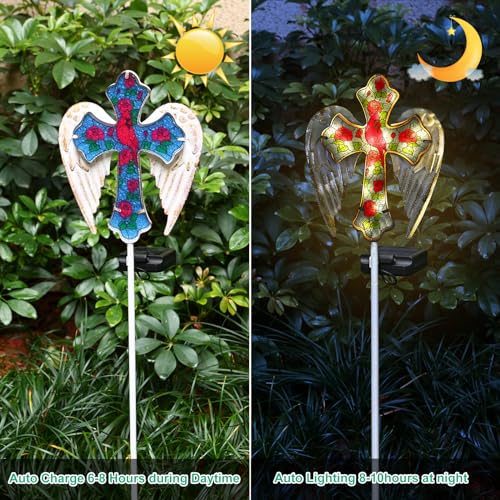 YJFWAL Cardinal Bird&Rose Cross Garden Stake Light, Solar Glass Cross for Cemetery Grave, Easter Cross Angel Wings Sympathy Memorial Gifts, Garden Lawn Yard Patio Decor - Image 2