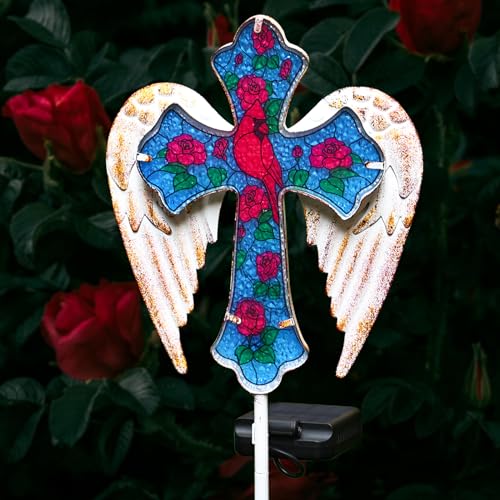 YJFWAL Cardinal Bird&Rose Cross Garden Stake Light, Solar Glass Cross for Cemetery Grave, Easter Cross Angel Wings Sympathy Memorial Gifts, Garden Lawn Yard Patio Decor - Image 1
