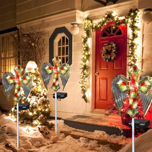 YJFWAL Cardinal Bird&Rose Cross Garden Stake Light, Solar Glass Cross for Cemetery Grave, Easter Cross Angel Wings Sympathy Memorial Gifts, Garden Lawn Yard Patio Decor - Image 3