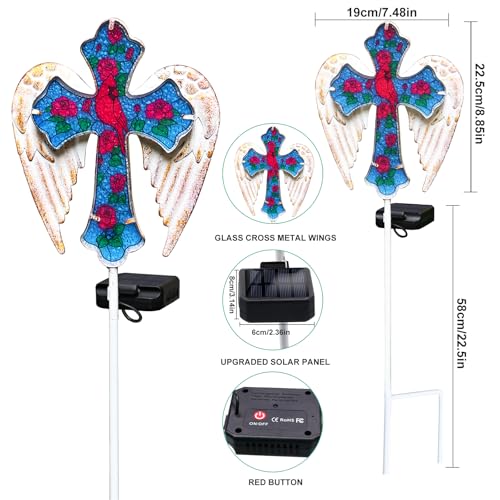 YJFWAL Cardinal Bird&Rose Cross Garden Stake Light, Solar Glass Cross for Cemetery Grave, Easter Cross Angel Wings Sympathy Memorial Gifts, Garden Lawn Yard Patio Decor - Image 5