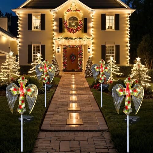 YJFWAL Cardinal Bird&Rose Cross Garden Stake Light, Solar Glass Cross for Cemetery Grave, Easter Cross Angel Wings Sympathy Memorial Gifts, Garden Lawn Yard Patio Decor - Image 4