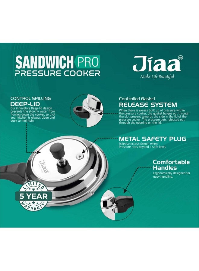 JIAA make life beautiful JIAA SANDWICHPRO Stainless Steel Pressure Cooker 1.5L - Induction & Gas Compatible - Outer Lid with Deep Design to Prevent Spills - Ideal for 1-2 People - ISI Certified - 5-Year Warranty - Silver - Image 3
