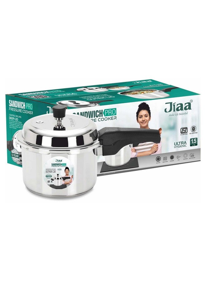 JIAA make life beautiful JIAA SANDWICHPRO Stainless Steel Pressure Cooker 1.5L - Induction & Gas Compatible - Outer Lid with Deep Design to Prevent Spills - Ideal for 1-2 People - ISI Certified - 5-Year Warranty - Silver - Image 2