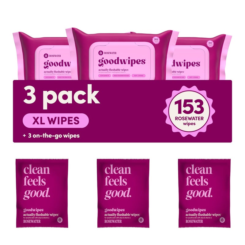 goodwipes Flushable Butt Wipes - Vitamin E & Aloe - Sewer & Septic Safe - Extra Large Adult Wet Wipes For Women & Men - Bathroom Essentials - Rosewater, 153 Count (3 Packs + 3 Individually Wrapped) - Image 1