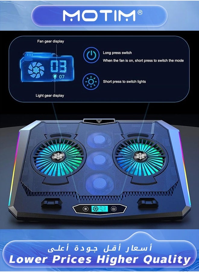 Motim Laptop Cooling Pad LED Cooler for 10-15.6 inch Laptop Laptop Fan Cooling Pad with 5 Quiet Fans and LCD Screen 7 Heights Adjustment Laptop Cooler Standand 2 Port  - Image 4