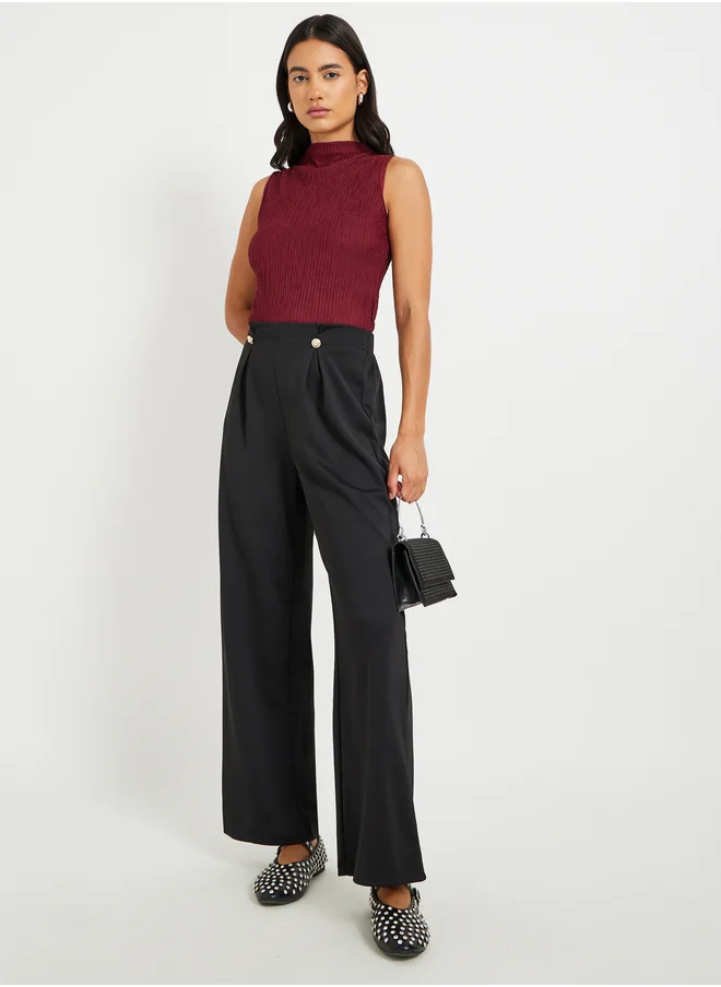 Styli Solid Waist Button Detail Wide Leg Trousers