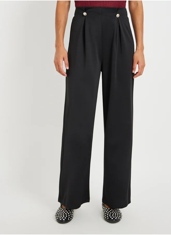 Styli Solid Waist Button Detail Wide Leg Trousers