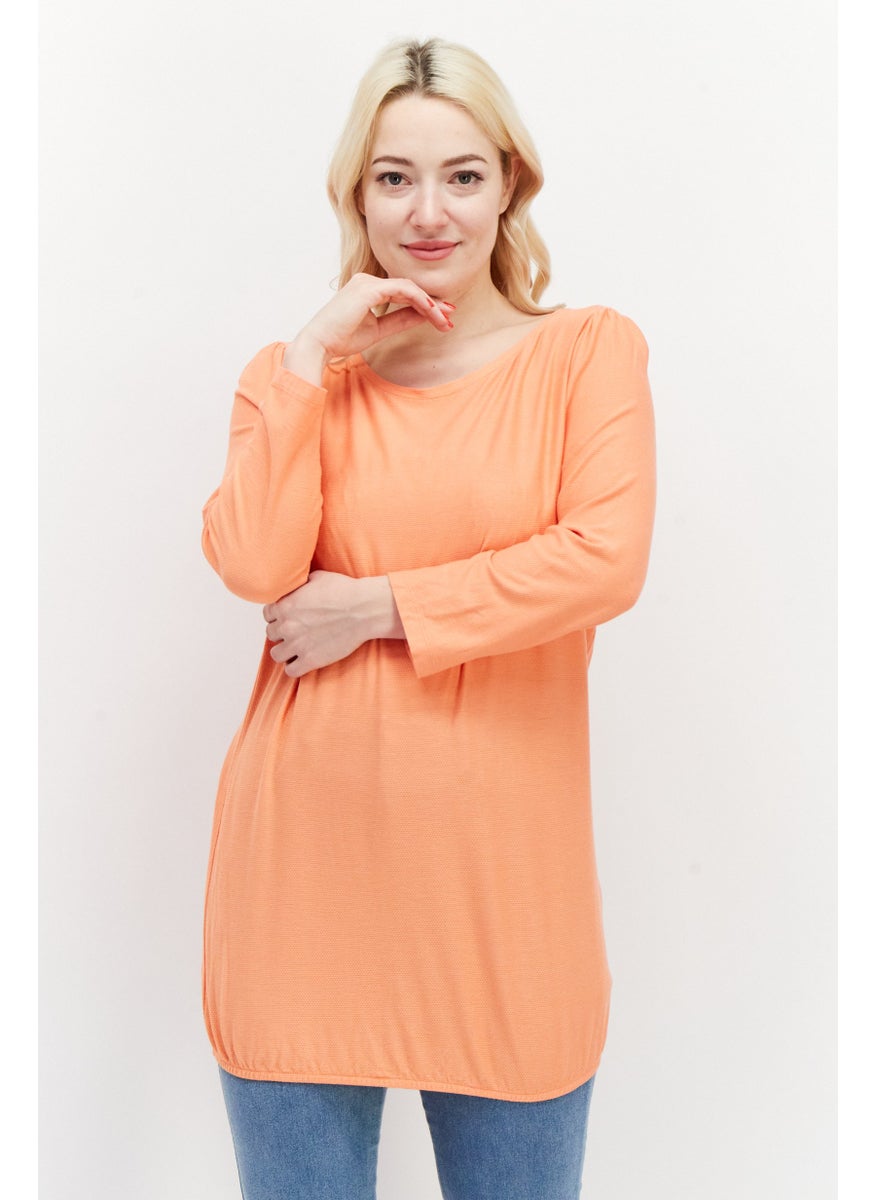Zero Women Round Neck Long Sleeve Textured Top, Dark Peach  - Image 1