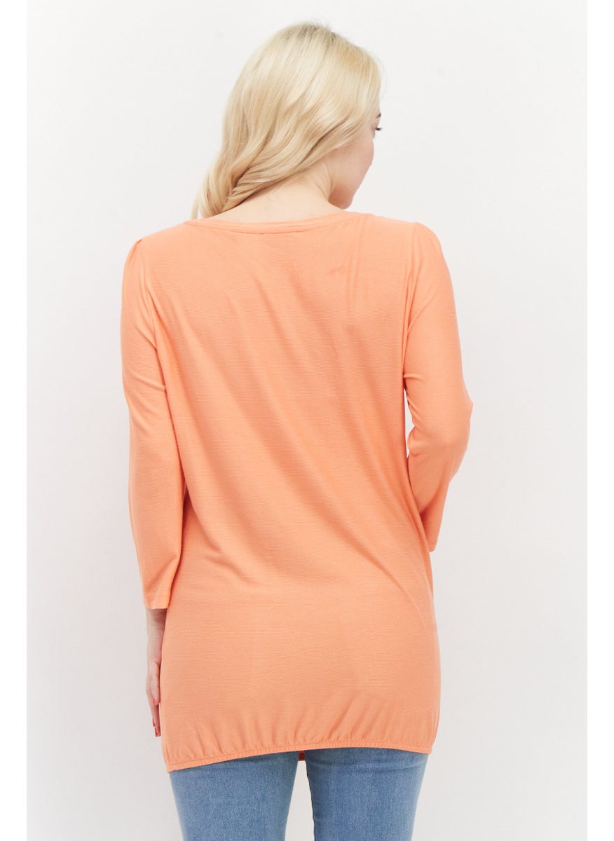 Zero Women Round Neck Long Sleeve Textured Top, Dark Peach  - Image 3