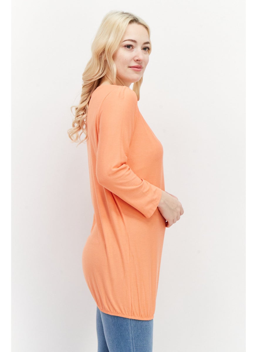 Zero Women Round Neck Long Sleeve Textured Top, Dark Peach  - Image 4