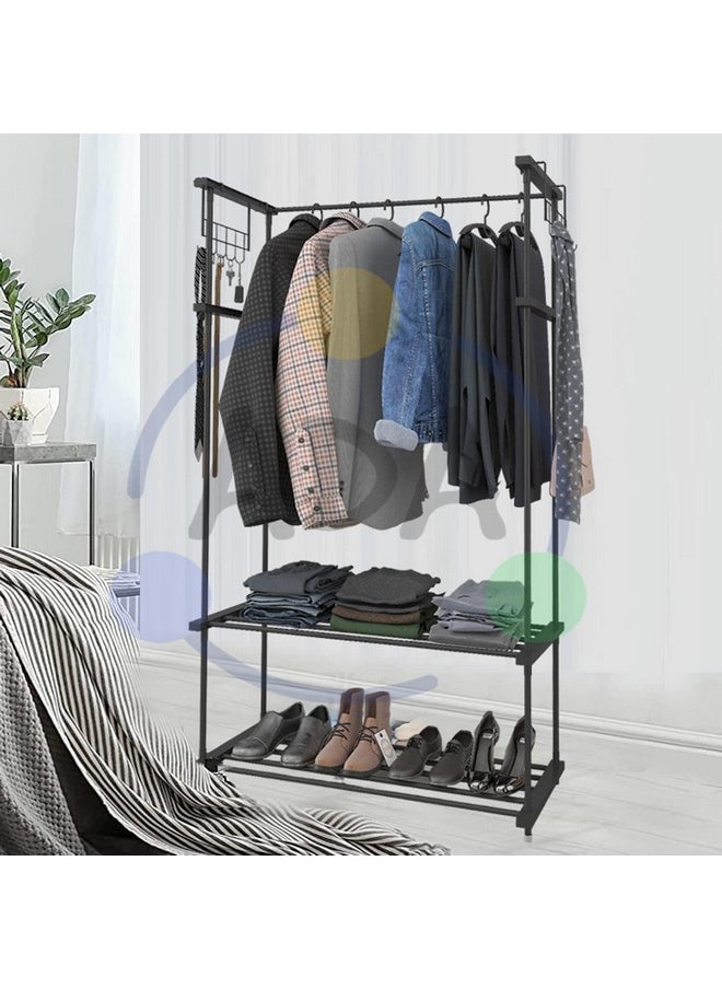 ADA ADA® Premium Heavy Duty Multifunctional Drizzle Metal Clothe Rail | High Density Garment Rack with 8 Hooks and 2 Lower Shelves - Black (84 x 30 x 140cm)  - Image 1