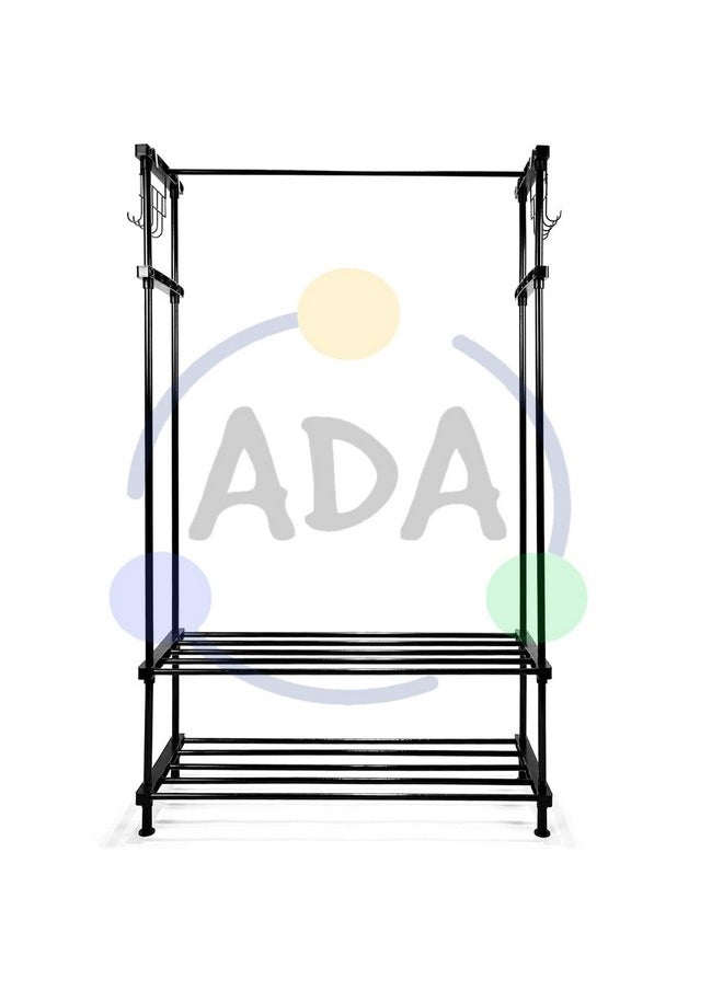 ADA ADA® Premium Heavy Duty Multifunctional Drizzle Metal Clothe Rail | High Density Garment Rack with 8 Hooks and 2 Lower Shelves - Black (84 x 30 x 140cm)  - Image 2