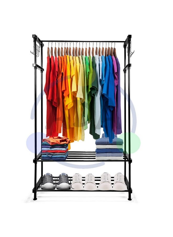 ADA ADA® Premium Heavy Duty Multifunctional Drizzle Metal Clothe Rail | High Density Garment Rack with 8 Hooks and 2 Lower Shelves - Black (84 x 30 x 140cm)  - Image 3
