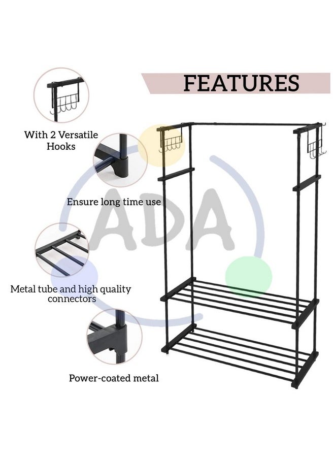 ADA ADA® Premium Heavy Duty Multifunctional Drizzle Metal Clothe Rail | High Density Garment Rack with 8 Hooks and 2 Lower Shelves - Black (84 x 30 x 140cm)  - Image 5