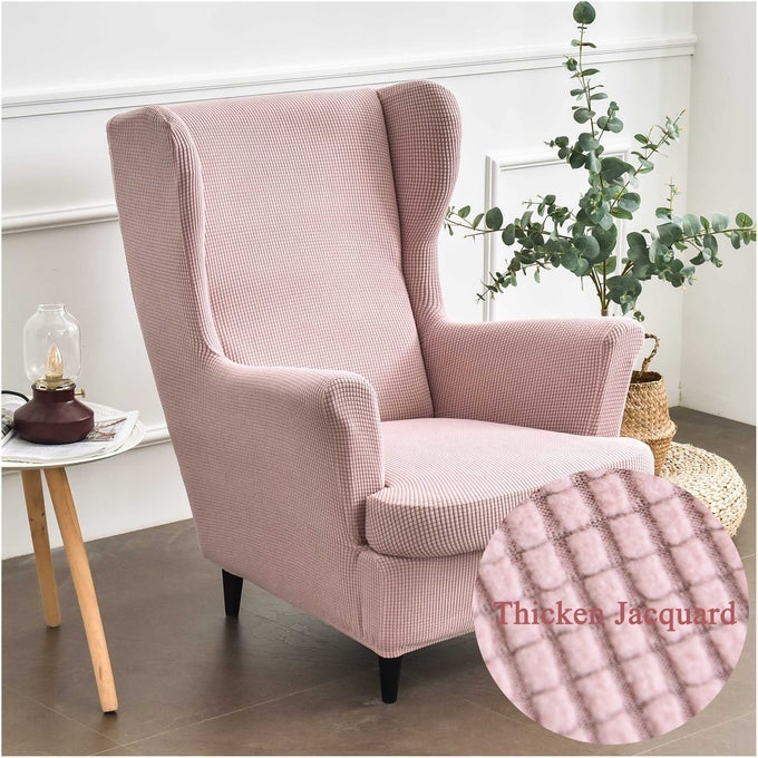 WINGBACK CHAIR COVERS 2 PIECE STRETCH WING CHAIR SLIPCOVER SOLID COLOR JACQUARD THICKEN STRANDMON SOFA COVER FURNITURE PROTECTOR FOR ARMCHAIR CHAIRS LIVING ROOM BEDROOM HOTEL PINK
