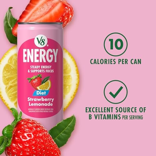 V8 Energy Diet Strawberry Lemonade Juice Energy Drink, 8 fl oz Can (6 Pack) (Case of 4) - Image 5