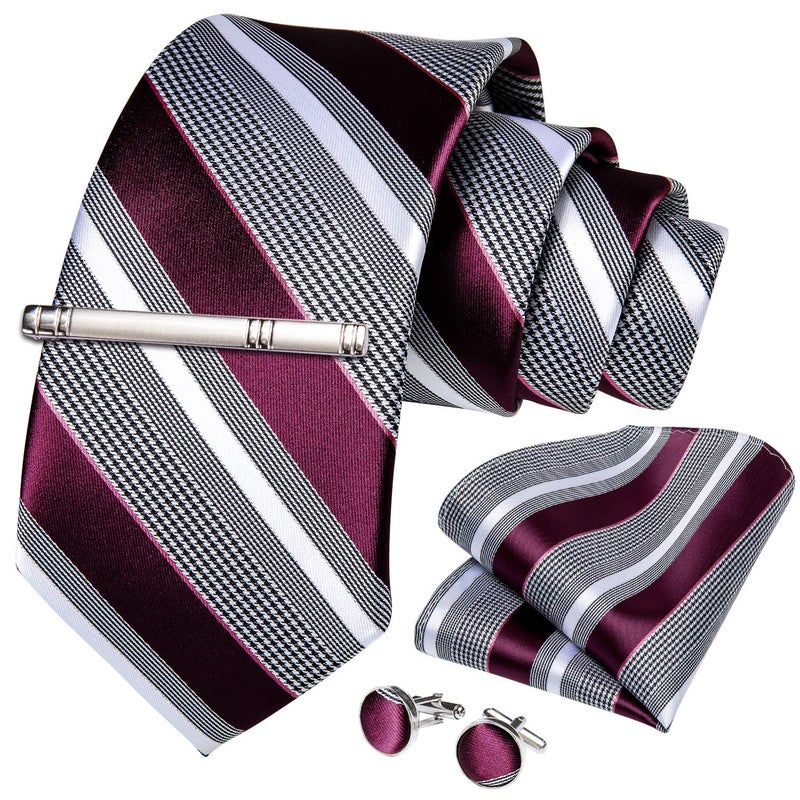 DiBanGu Mens Striped Tie Silk Woven Necktie and Pocket Square Cufflinks Tie Clip Set Wedding Business Formal, Burgundy and Grey - Image 3