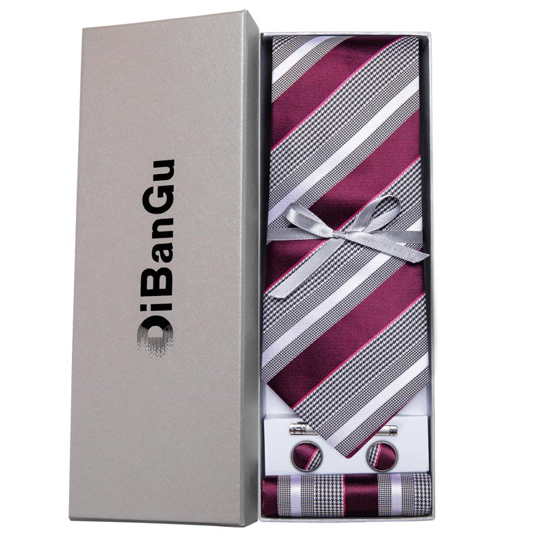 DiBanGu Mens Striped Tie Silk Woven Necktie and Pocket Square Cufflinks Tie Clip Set Wedding Business Formal, Burgundy and Grey - Image 4