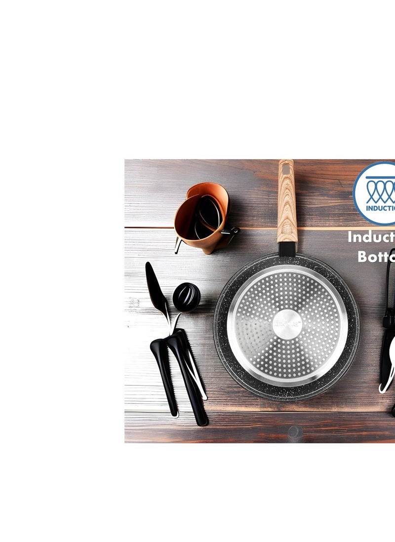 Auroware Auroware 18 Piece Non Stick Cookware Set Wooden Finish Handle Forged Aluminium Frying pan Casserole Sauce pan Wok pan with Tempered Glass with Lid Kitchens Utensils  - Image 4