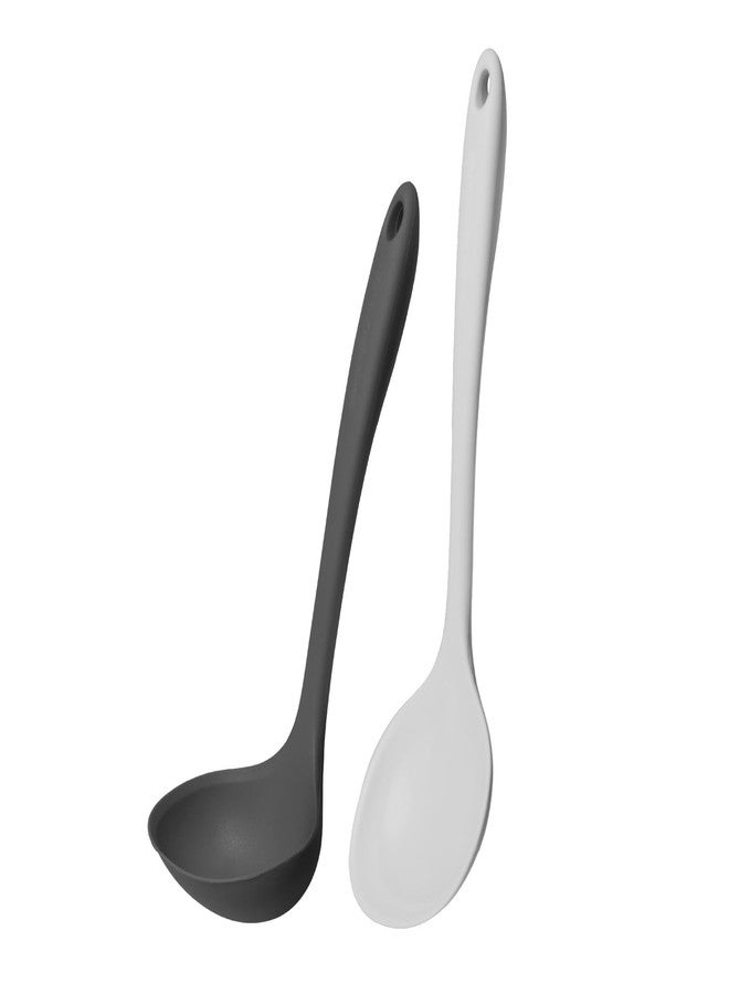 Kitchen Mama طقم مغرفة وملعقة طبخ من Kitchen Mama DuoEssentials، مغرفة وملعقة طبخ من السيليكون لأواني الطهي غير اللاصقة، أدوات مطبخ مقاومة للحرارة من قطعة واحدة للشوربة والتقليب والتحمير (رمادي معدني) - Image 1