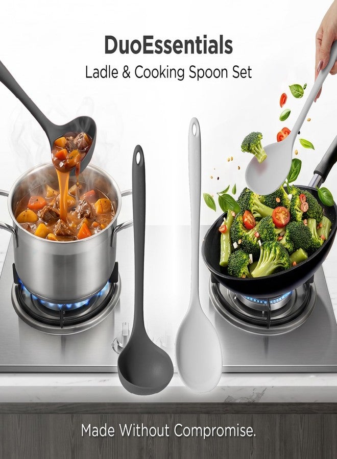 Kitchen Mama طقم مغرفة وملعقة طبخ من Kitchen Mama DuoEssentials، مغرفة وملعقة طبخ من السيليكون لأواني الطهي غير اللاصقة، أدوات مطبخ مقاومة للحرارة من قطعة واحدة للشوربة والتقليب والتحمير (رمادي معدني) - Image 2