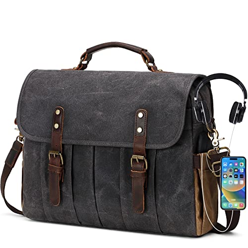 NerIion Messenger Bag for Men 15.6 Inch Vintage Canvas Genuine Leather Briefcase for Men Laptop Bag Satchel Bag (Dark Gray) - Image 1