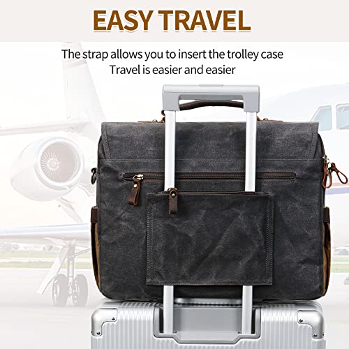 NerIion Messenger Bag for Men 15.6 Inch Vintage Canvas Genuine Leather Briefcase for Men Laptop Bag Satchel Bag (Dark Gray) - Image 5