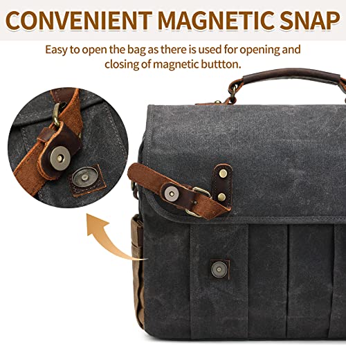 NerIion Messenger Bag for Men 15.6 Inch Vintage Canvas Genuine Leather Briefcase for Men Laptop Bag Satchel Bag (Dark Gray) - Image 4