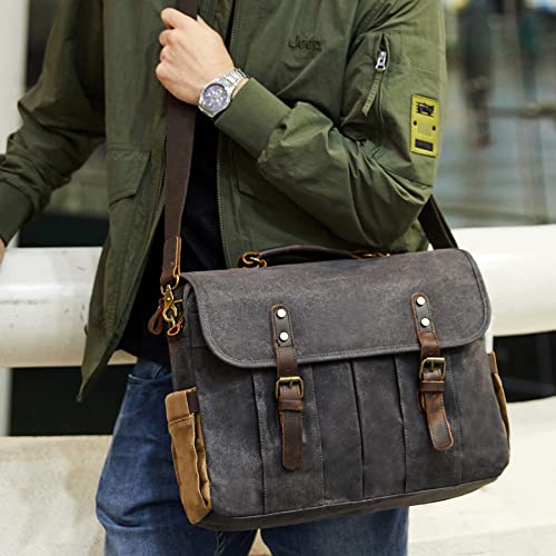 NerIion Messenger Bag for Men 15.6 Inch Vintage Canvas Genuine Leather Briefcase for Men Laptop Bag Satchel Bag (Dark Gray) - Image 3