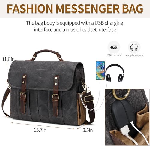 NerIion Messenger Bag for Men 15.6 Inch Vintage Canvas Genuine Leather Briefcase for Men Laptop Bag Satchel Bag (Dark Gray) - Image 2