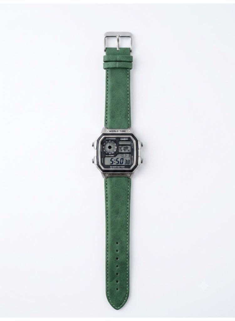 Casio World Time Digital Watch with Olive Green Leather Strap, Silver-Tone Resin Case