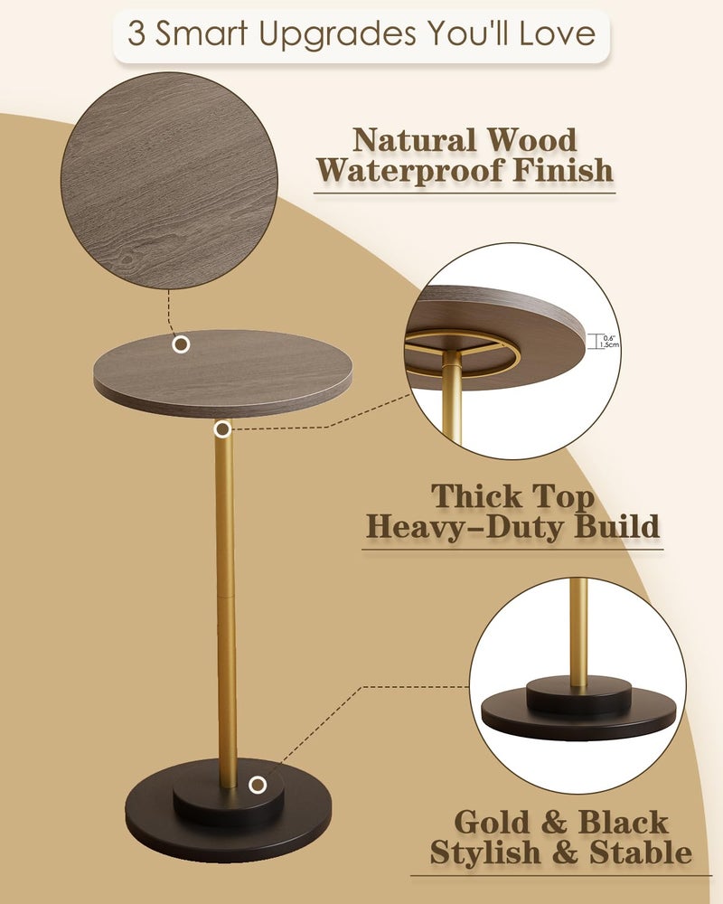Masupu Drink Table, Round Side Table for Small Spaces, Pedestal Side Table, Small End Table with Metal Base, for Living Room, Bedroom, Bathroom, Grey - Image 2