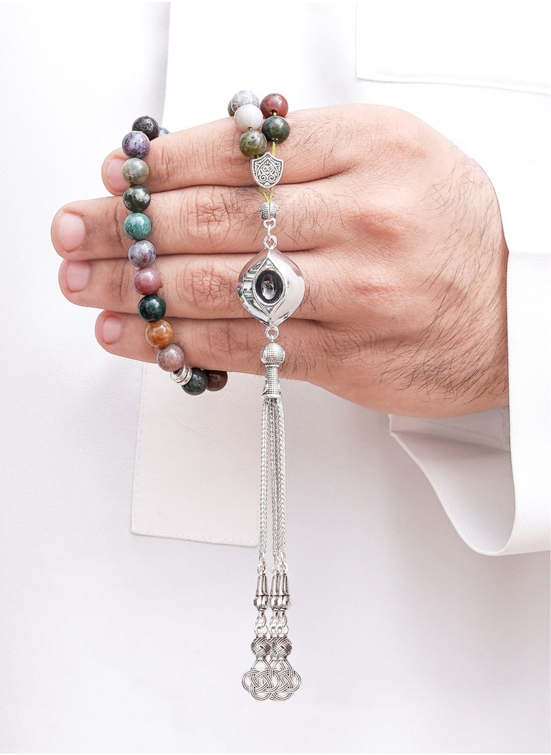 Subhati Prayer Beads ( Misbah ) with metal Parts and Indian Agate Stone | 8 MM Beads - 45  - Image 1