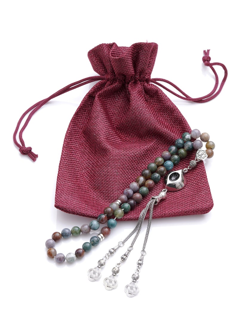 Subhati Prayer Beads ( Misbah ) with metal Parts and Indian Agate Stone | 8 MM Beads - 45  - Image 3