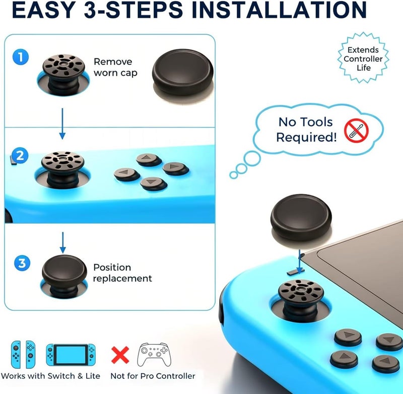 أغطية استبدال Ferkurn لإصلاح عصا التحكم في Nintendo Switch وSwitch Lite، أغطية عصا التحكم التناظرية لـ Switch Joy Con، أغطية جلدية لعصا التحكم مع أغطية عصا التحكم، 8 قطع أسود - Image 4