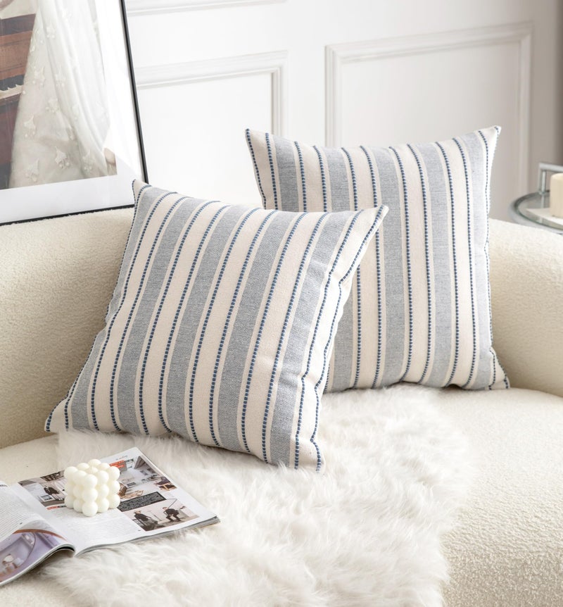 Cethom Decorative Boho Throw Pillow Covers, Farmhouse Textured Pillow Case, 20 x 20 Inch Set of 2, Chair Sofa Bedroom Living Room Home Decor Couch Cushion Case, Classic Blue and Beige Striped - Image 3