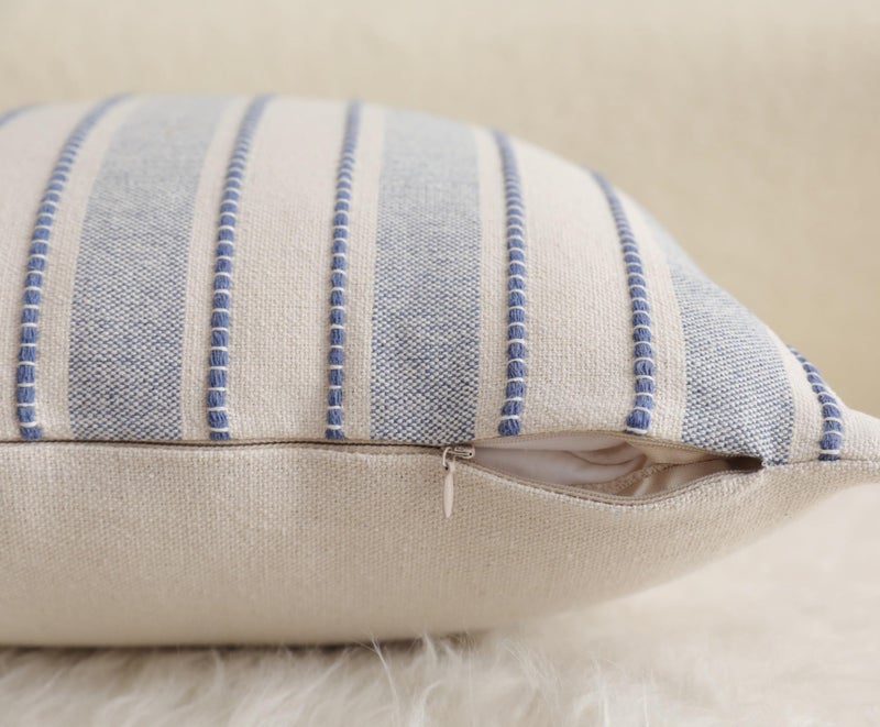 Cethom Decorative Boho Throw Pillow Covers, Farmhouse Textured Pillow Case, 20 x 20 Inch Set of 2, Chair Sofa Bedroom Living Room Home Decor Couch Cushion Case, Classic Blue and Beige Striped - Image 5